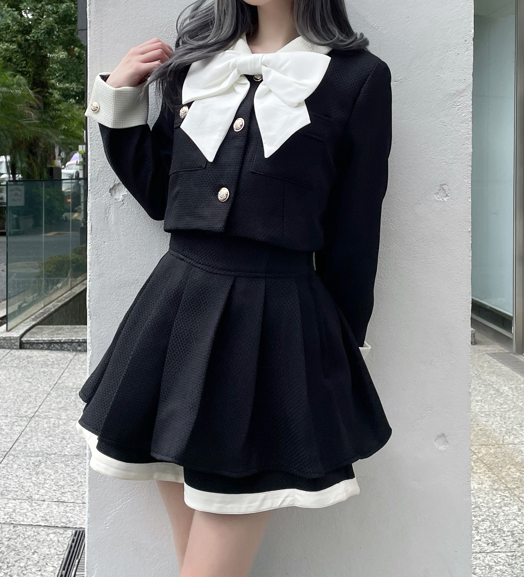 【予約商品 10月下旬お届け】リボン付きバイカラーセットアップ