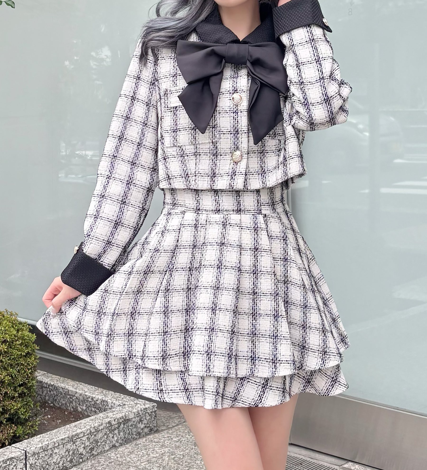 【予約商品 10月下旬お届け】リボン付きバイカラーセットアップ