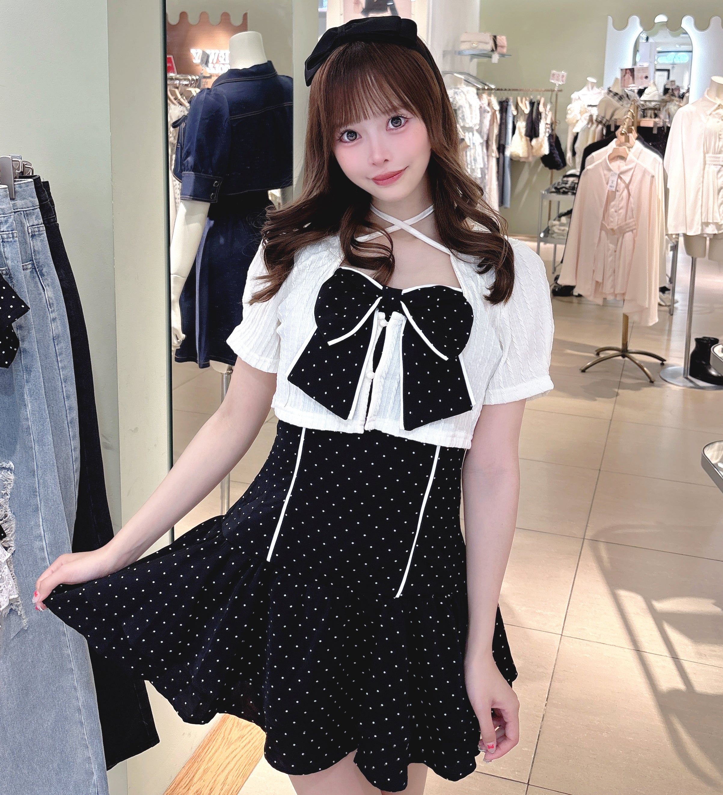 【一部予約商品6月末お届け予定】半袖リボンアンサンブルワンピース