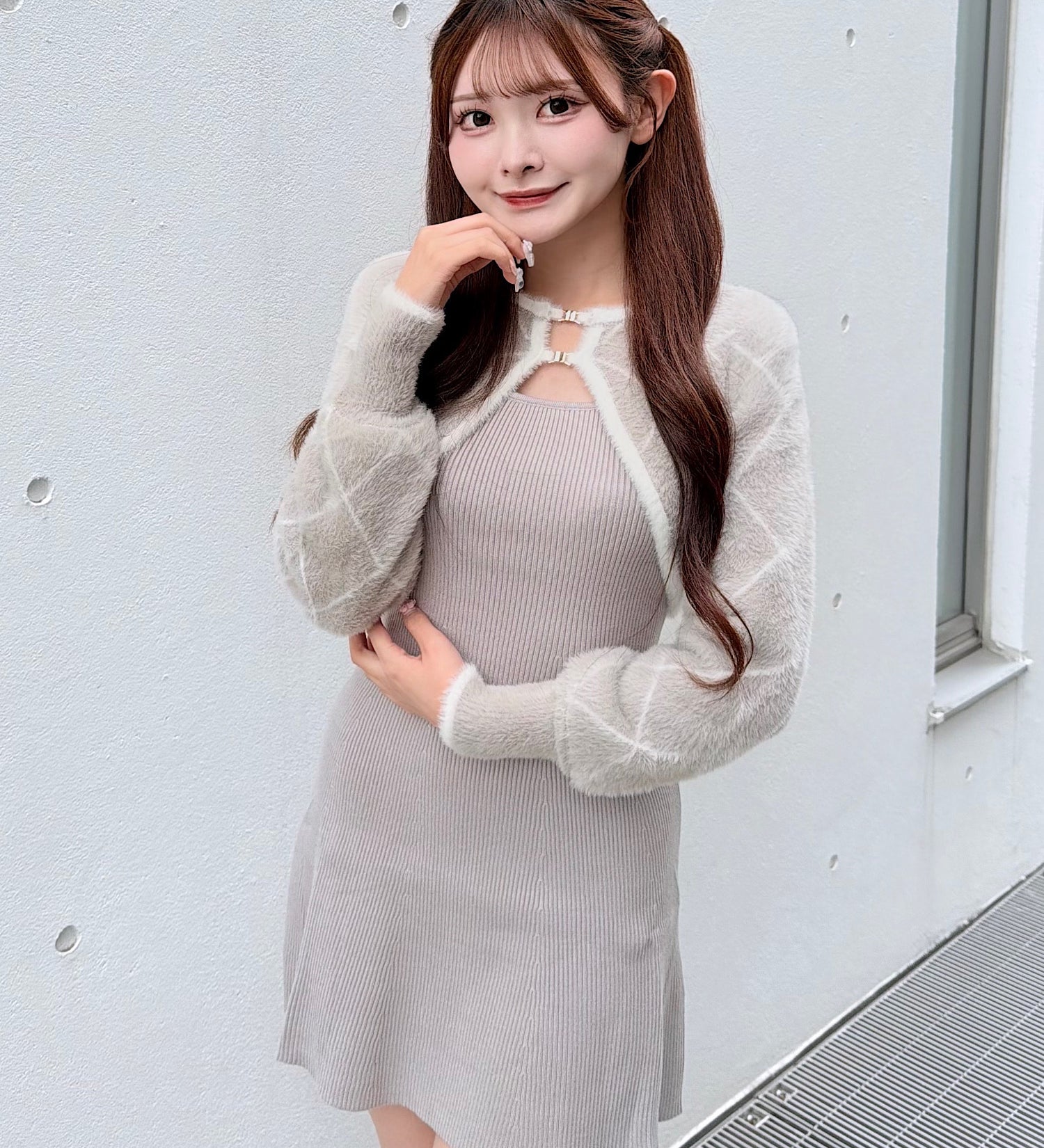 ダイヤ柄シャギーボレロニットワンピース