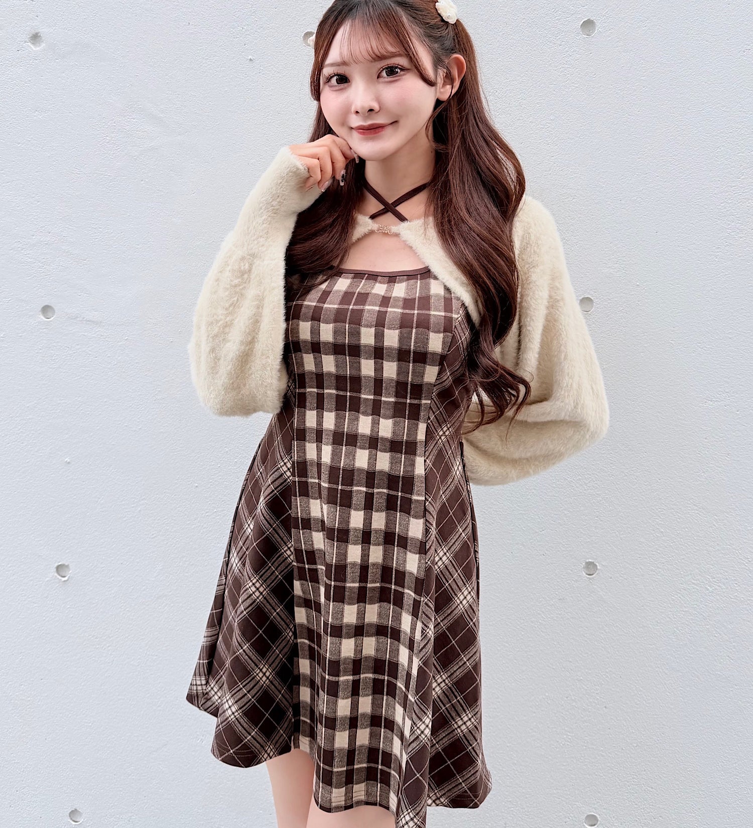 【予約商品 12月上旬発送】シャギーボレロミニチェックワンピース