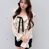【予約商品9月下旬お届け】フリルリボンぺプラムブラウス
