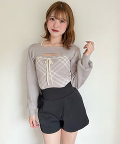 チェックリボンショートレイヤードニット