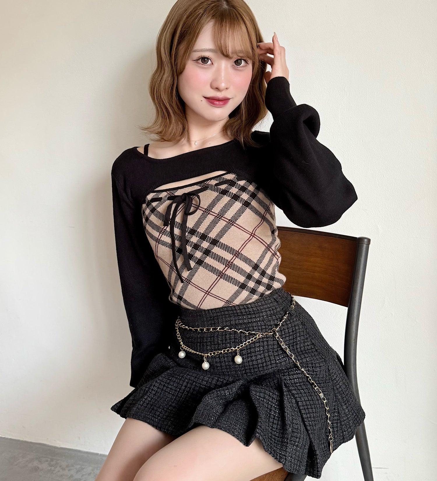 【予約商品9月下旬お届け】チェックリボンショートレイヤードニット