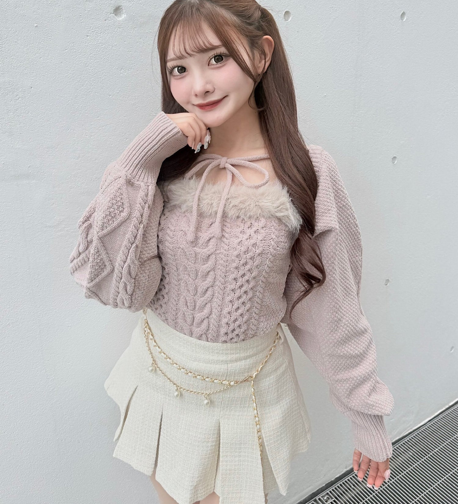 【予約商品10月上旬お届け】ファーケーブルアンサンブルニット