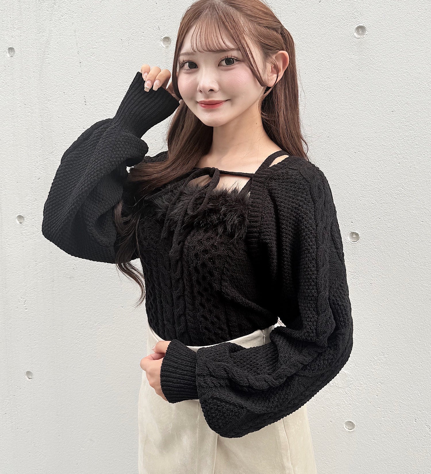 【予約商品9月中旬お届け】ファーケーブルアンサンブルニット