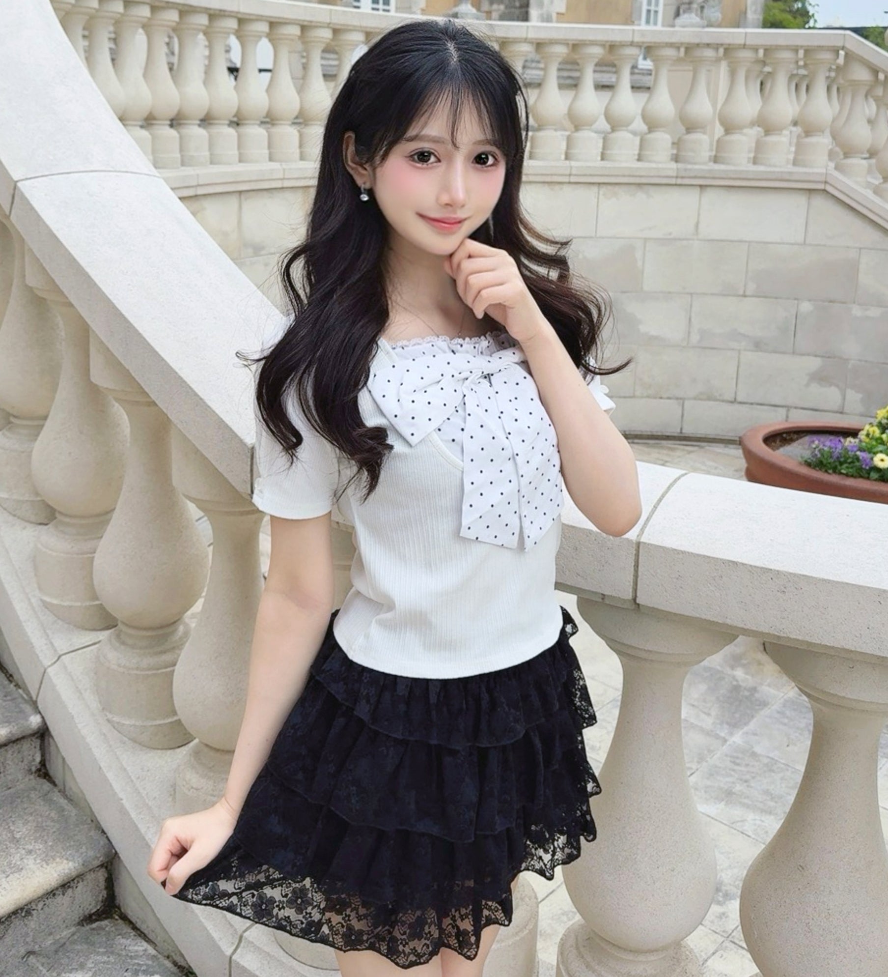 フロントリボン半袖トップス