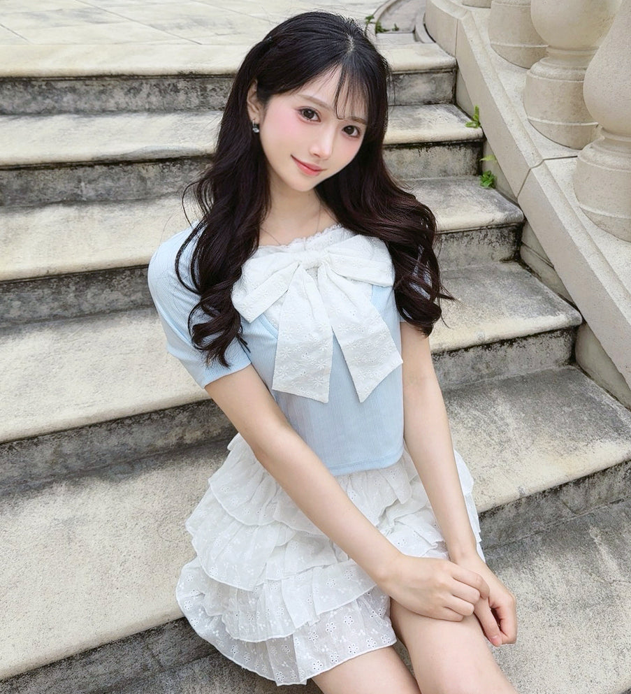 フロントリボン半袖トップス