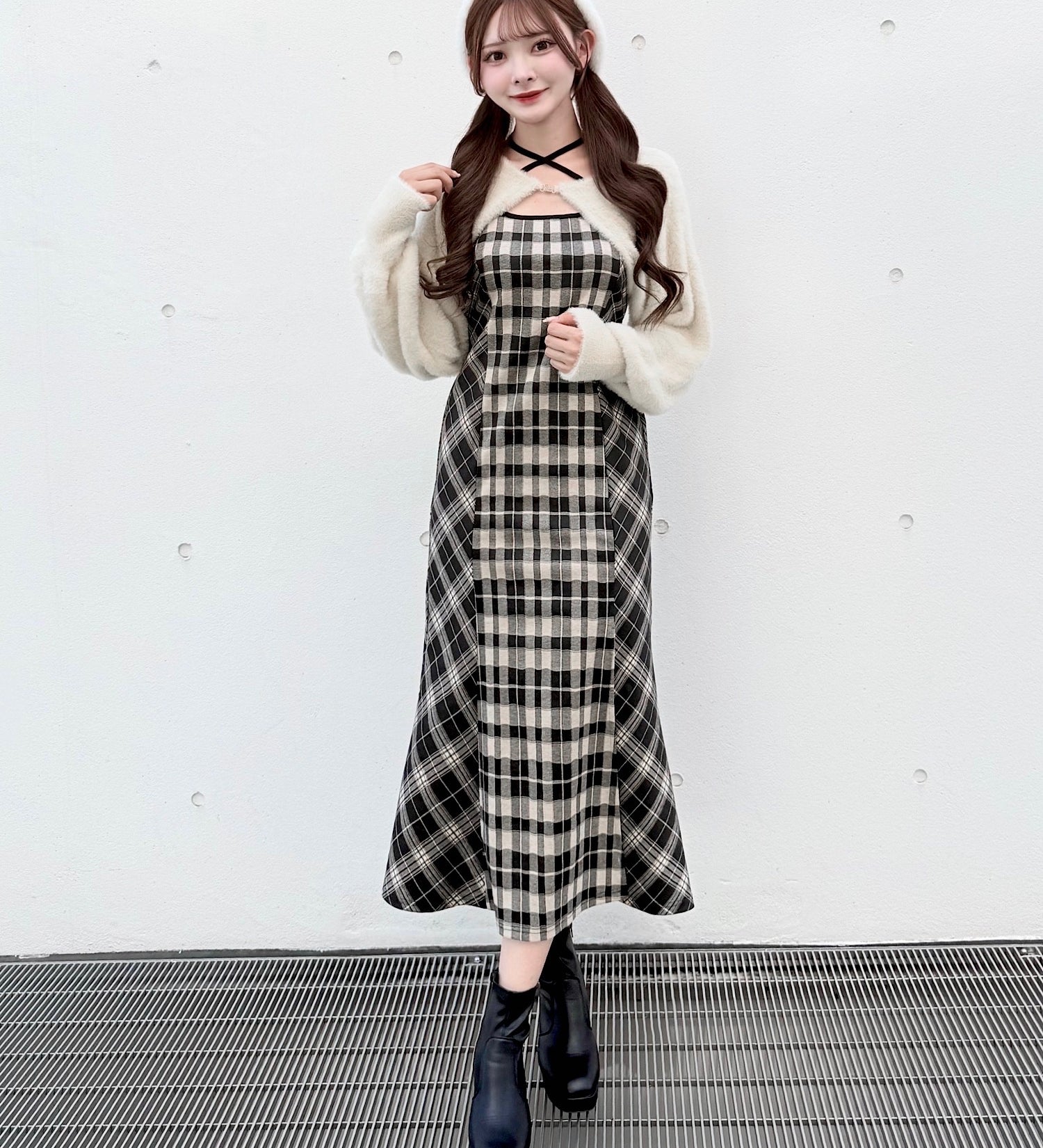 【予約商品10月上旬お届け】シャギーボレロロングチェックワンピース