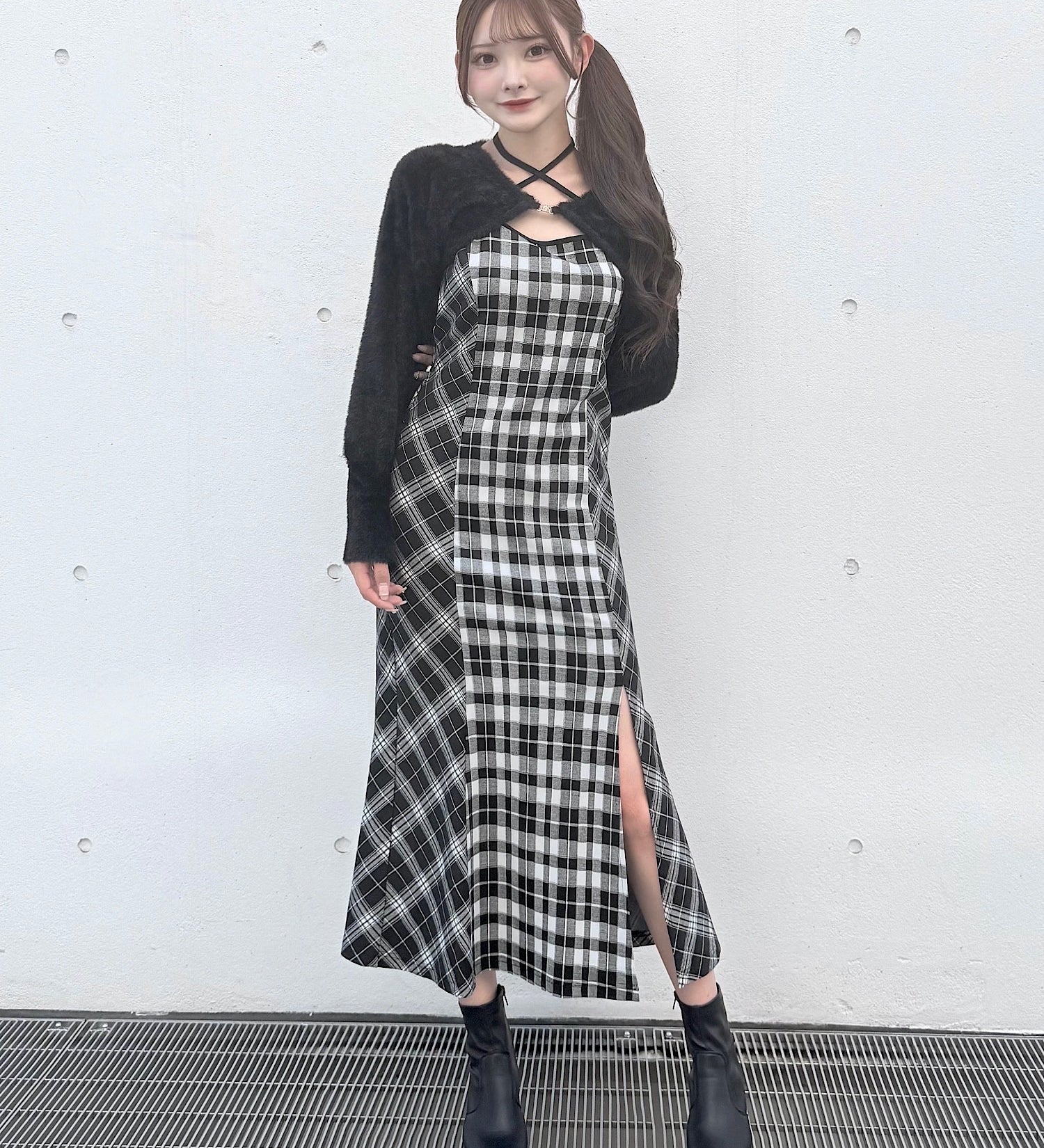 【予約商品10月上旬お届け】シャギーボレロロングチェックワンピース