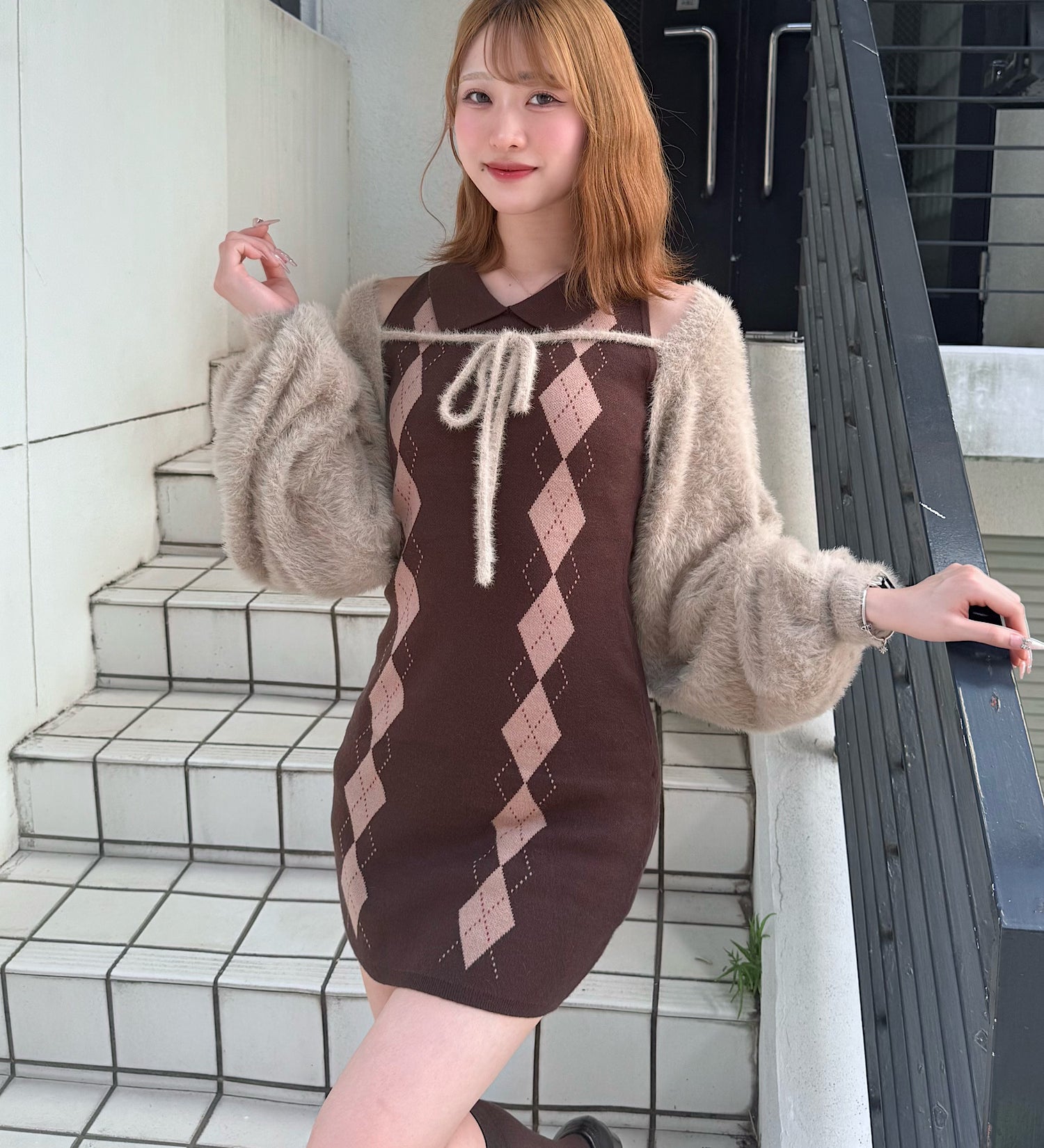 【予約商品10月上旬お届け】アーガイルニットワンピース×ボレロセット