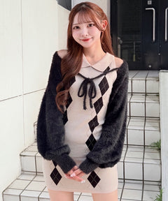アーガイルニットワンピース×ボレロセット