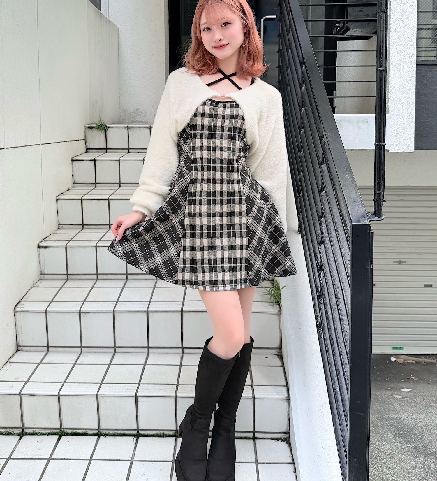 【予約商品 12月上旬発送】シャギーボレロミニチェックワンピース