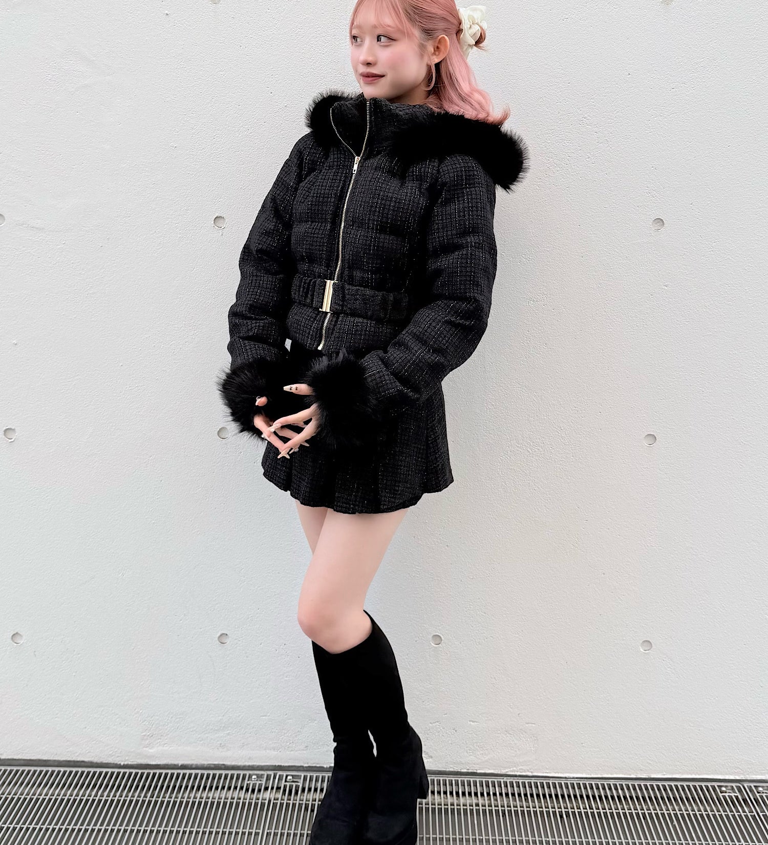 【予約商品12月中旬お届け】ラメツィードショートダウンコート