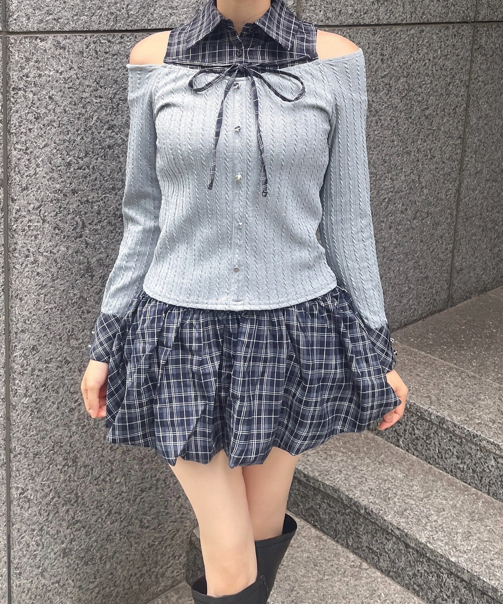 リボンシャツドッキングカットソー