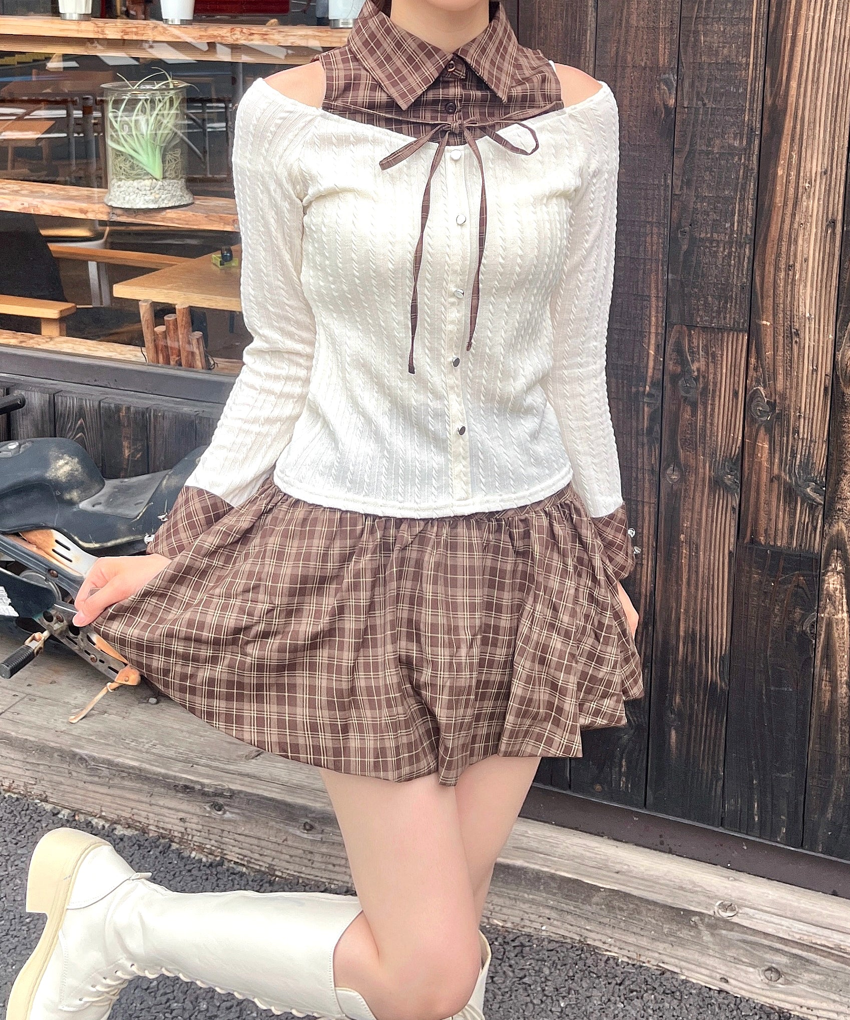 リボンシャツドッキングカットソー