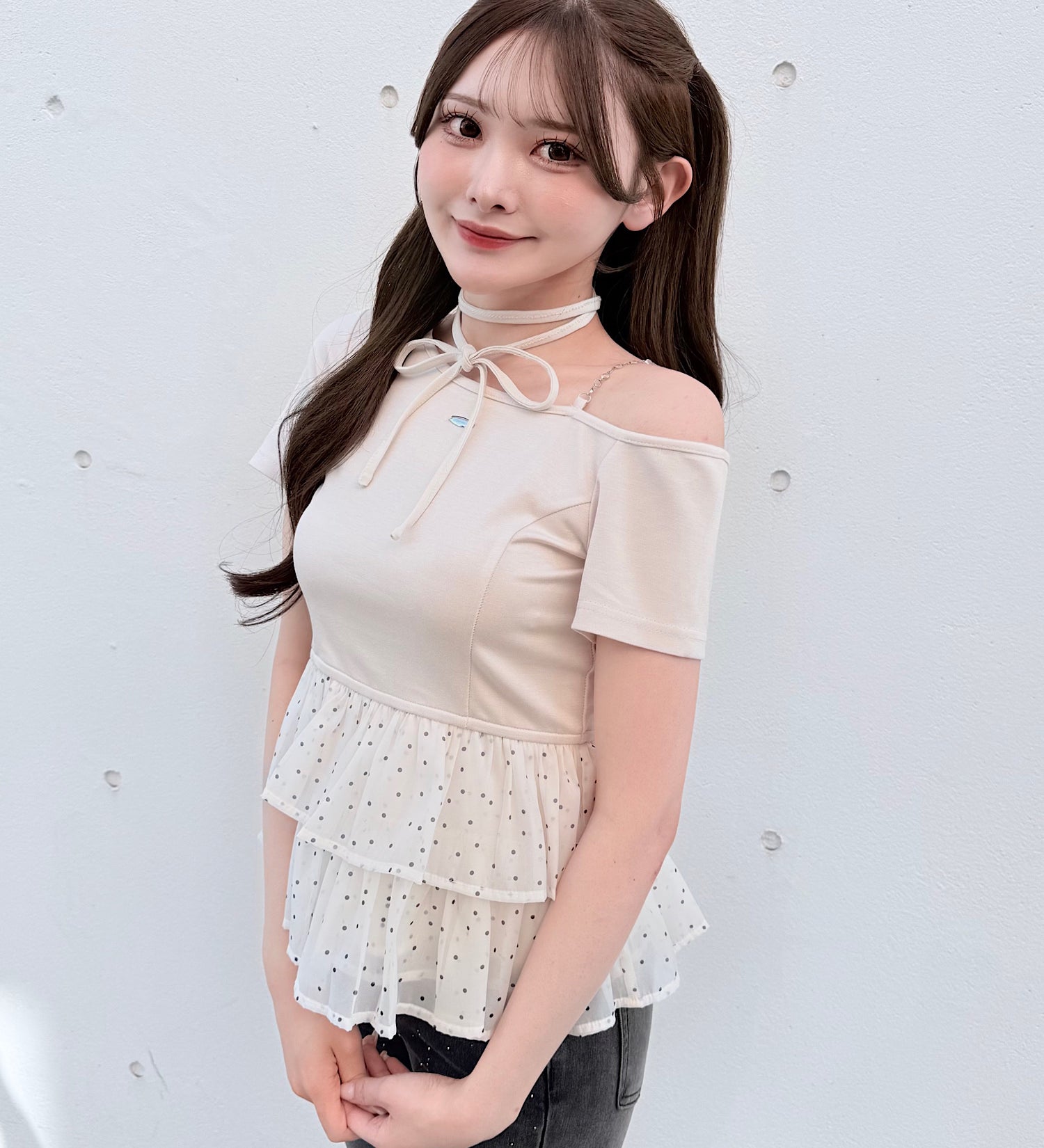 【予約商品 4月下旬発送】ドットワンショルペプラムトップス