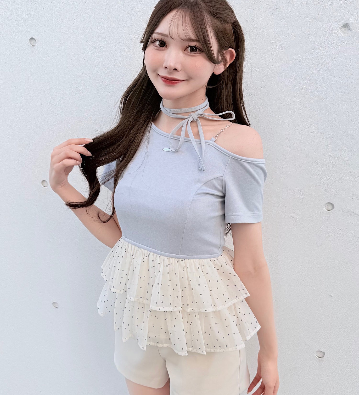 【予約商品 4月下旬発送】ドットワンショルペプラムトップス